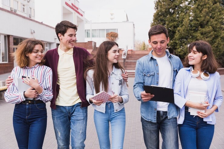 Group of students sharing notes and lessons